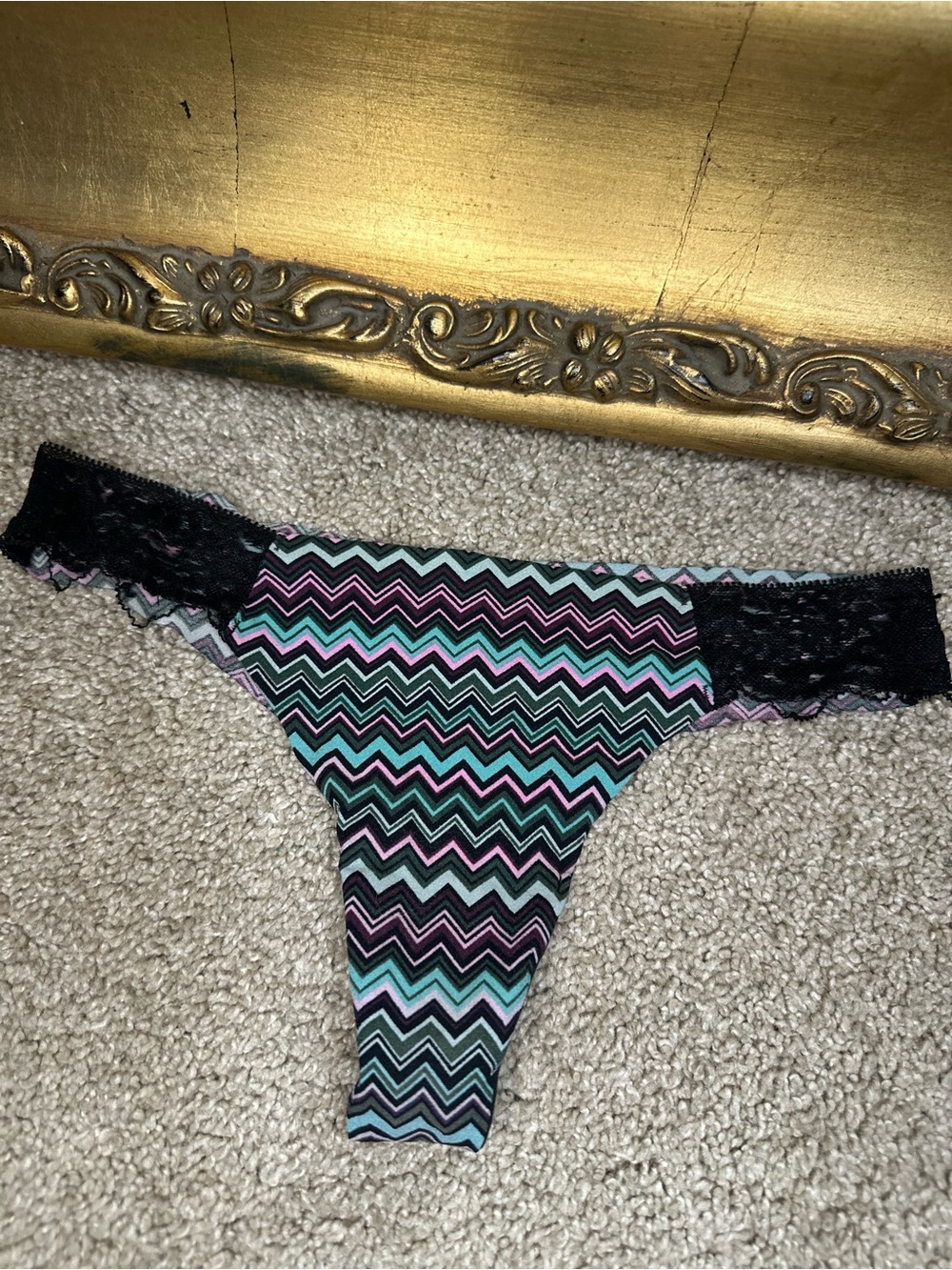 Not New Pink Victoria's Secret Multi Color Zig Zag Lace Thong Size Small